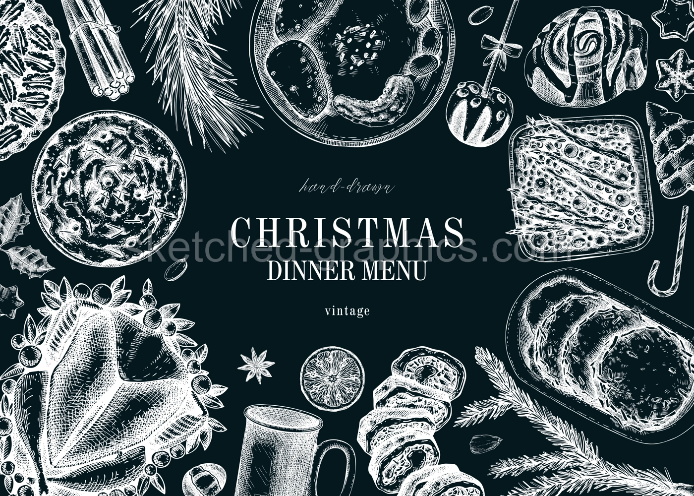 Christmas food background. Family dinner. Winter holiday menu. Traditional food design elements. Food and drink sketches set. Hand drawn vector illustration. Vintage banner template Illustration